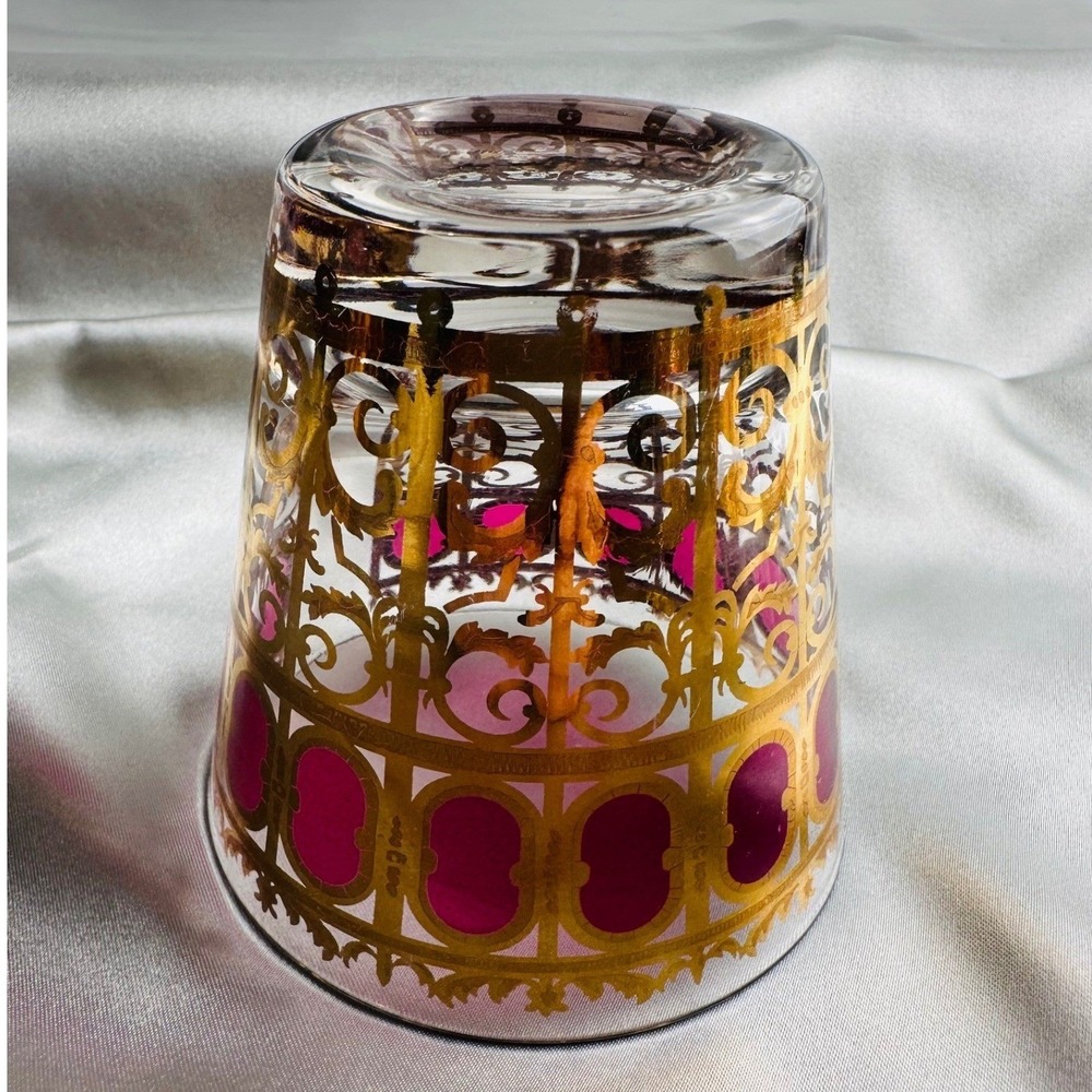 Culver Cranberry Scroll 22KT Gold Flared Rocks Whiskey Lowball Glasses 4 MCM - Picture 6 of 13